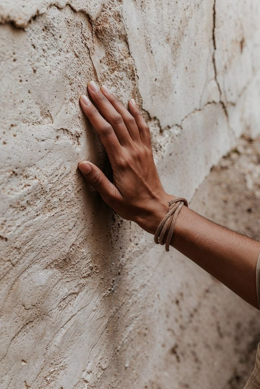 Hand resting against a textured stone wall