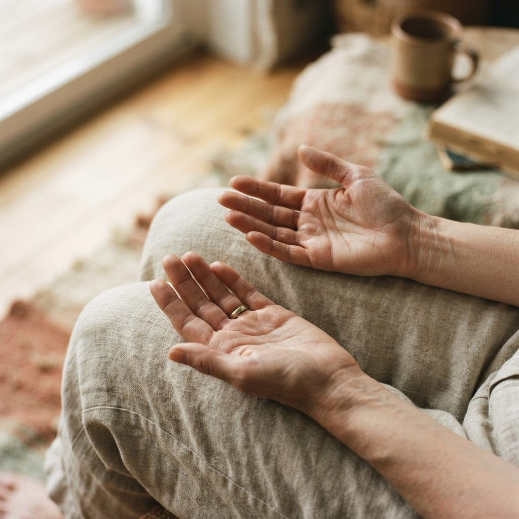 Open hands resting on a lap in soft daylight during a breathwork practice