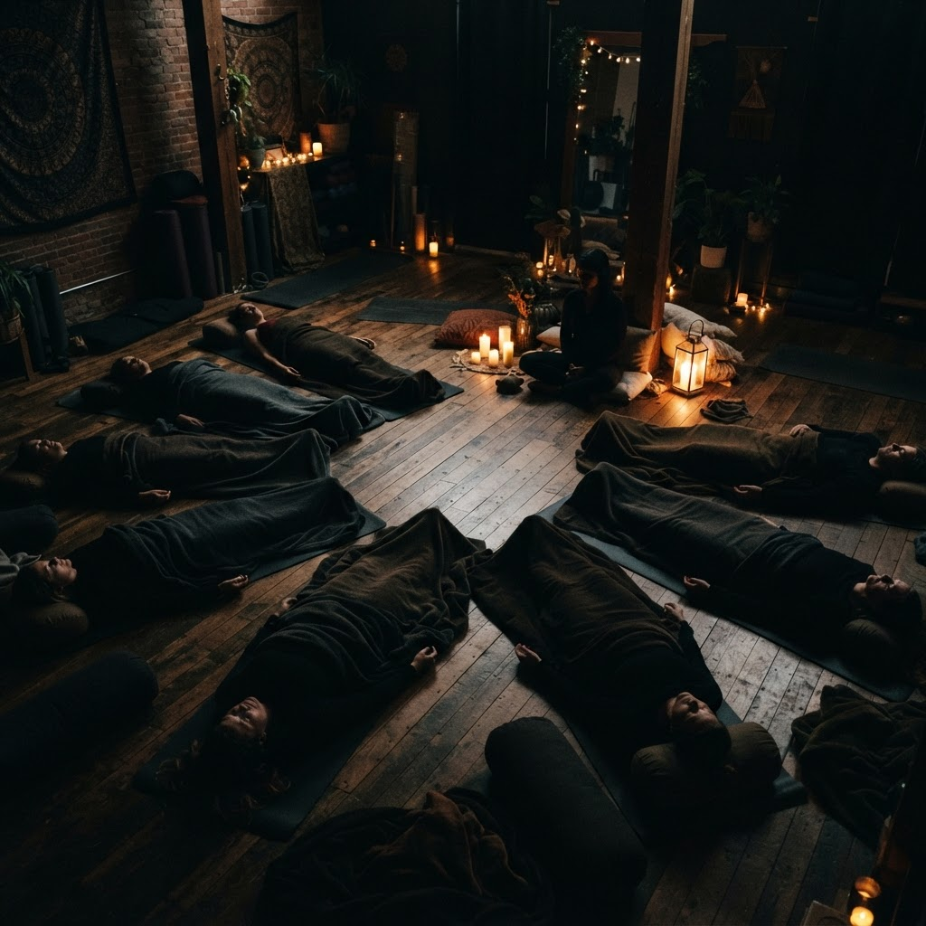 Group breathwork session in a dimly lit studio with participants lying under blankets